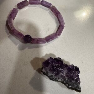 Amethyst Beaded Bracelet + Raw Amethyst Crystal Cluster – Natural Purple Stone